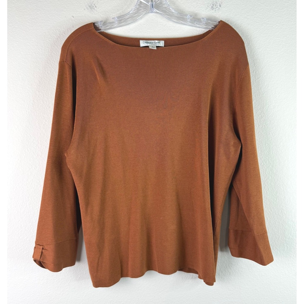 Coldwater Creek Top Womens L Rust Orange Silk Cotton Ribbed Boatneck 3/4 Sleeve